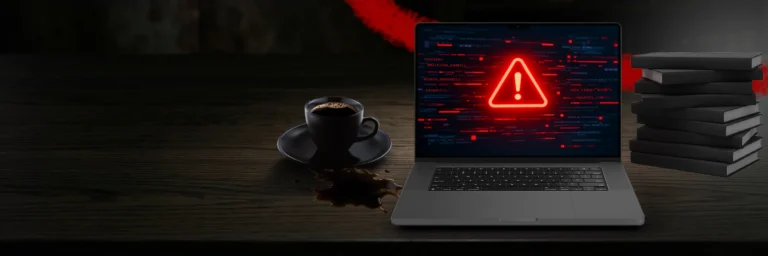 Laptop displaying a security warning beside a spilled cup of coffee