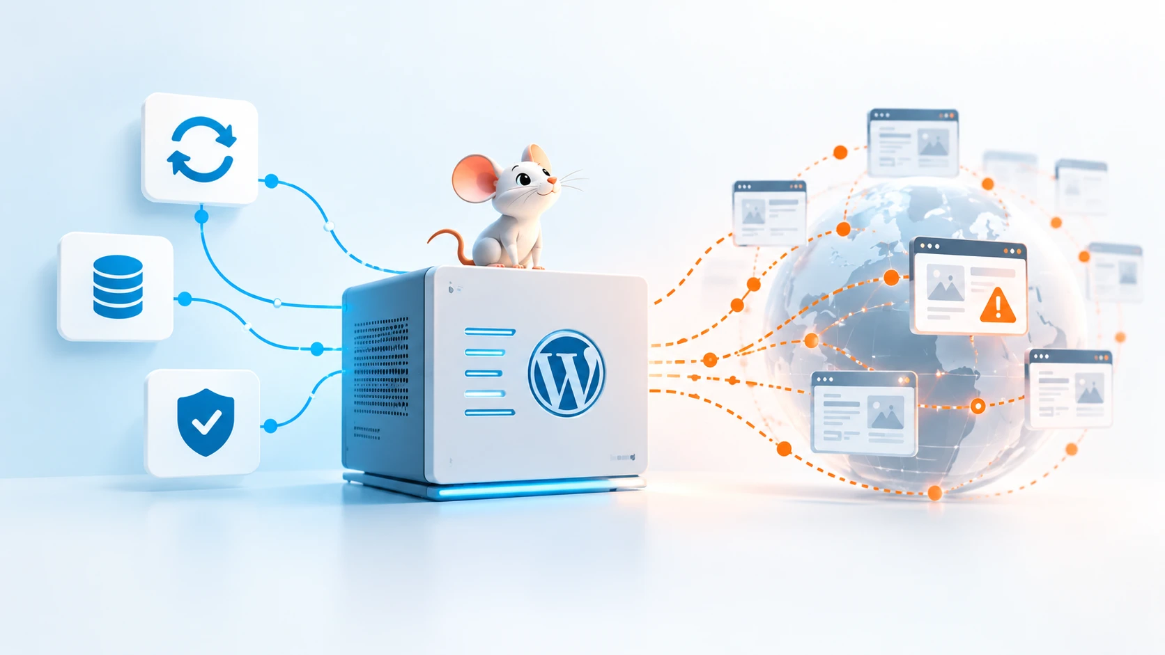Illustration of automated WordPress security monitoring with a playful mouse and connected website systems