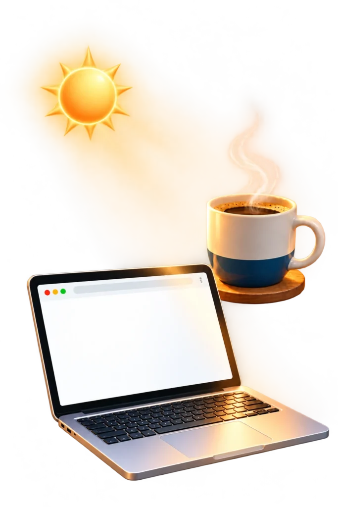Laptop beside a steaming coffee cup in the morning sunlight, representing the beginning of a WordPress security incident.