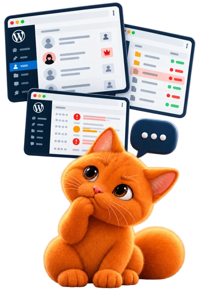 Concerned orange NBS cat examining website dashboards and notifications while investigating suspicious activity.