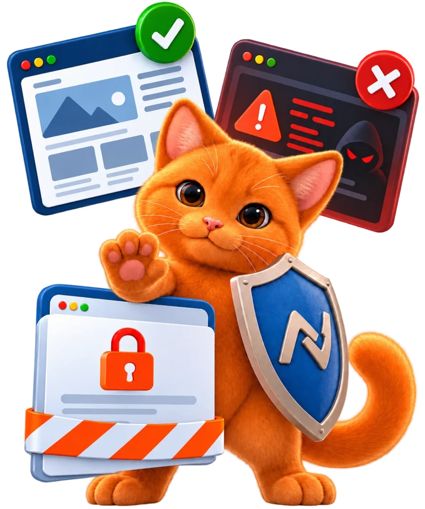Orange NBS cat holding a shield beside website security warning panels, illustrating the difficult decision to contain a hacked WordPress website.