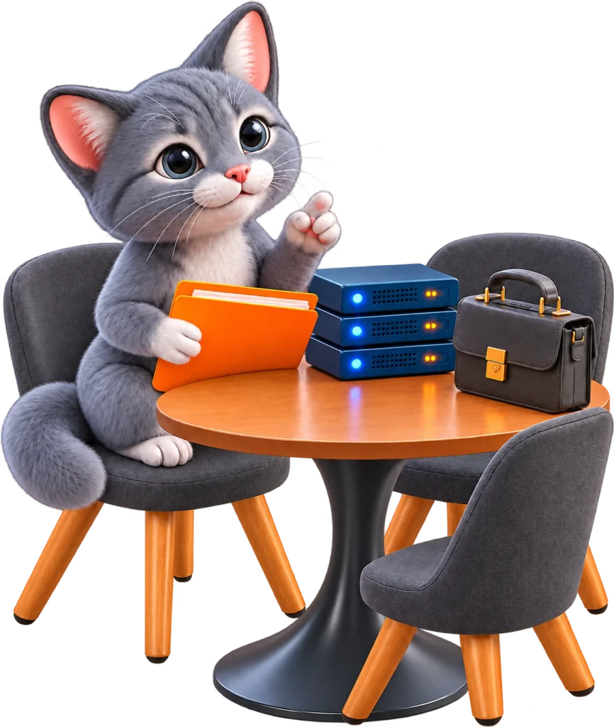 Gray NBS Cat sitting at a meeting table with a laptop and documents, representing collaboration during WordPress incident recovery.