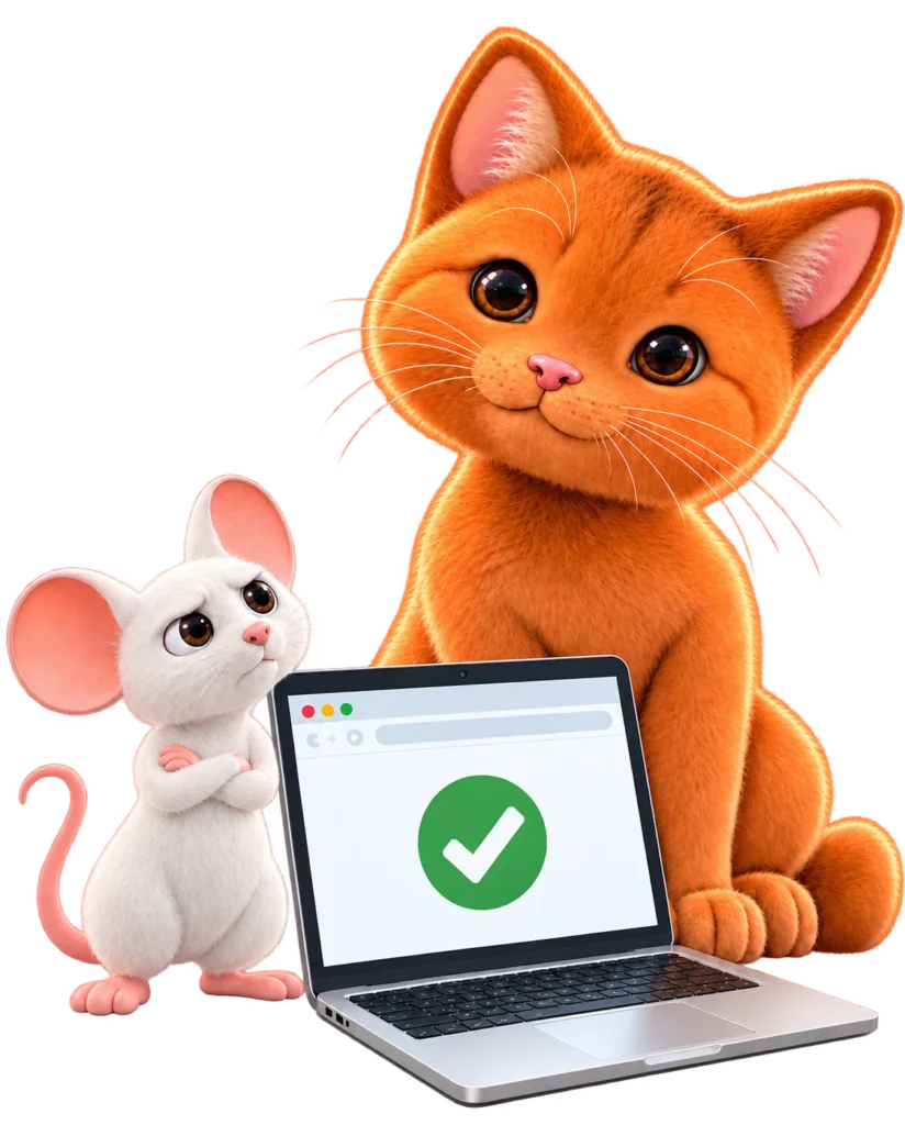 Orange NBS cat and NBS mouse beside a laptop displaying a green checkmark, representing a restored WordPress website after a security incident.