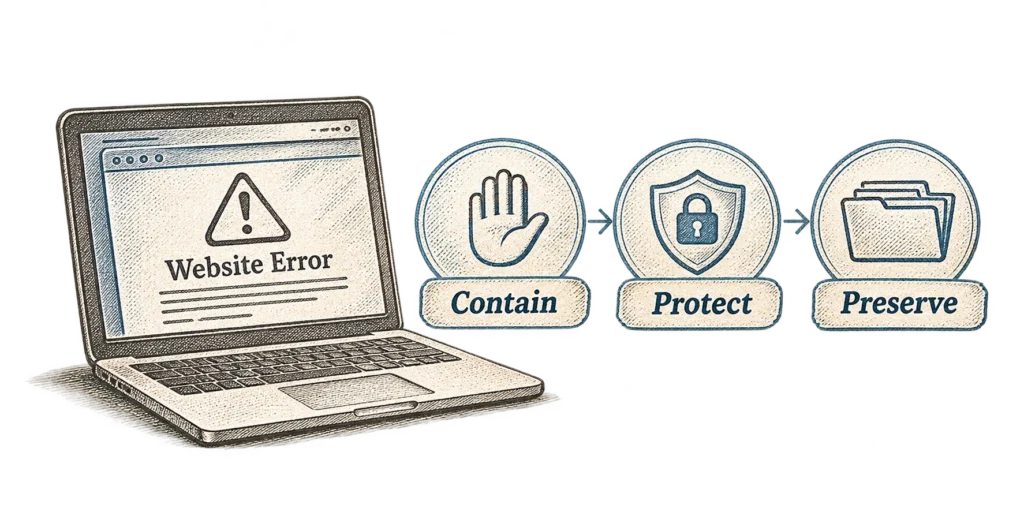 Laptop displaying a WordPress warning, alongside security, protection, and recovery symbols.