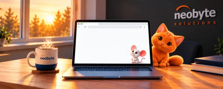 Orange NBS cat beside a laptop, illustrating a hacked WordPress website and the recovery process.